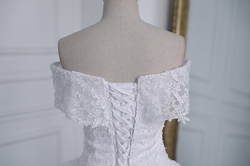 Off The Shoulder Plus Size Lace Wedding Dress Long Train Appliqes Pearls Bridal Tulle