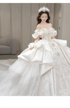 Load image into Gallery viewer, Boat Neck Satin Sweep Train Princess Wedding Gown Lace Embroidery
