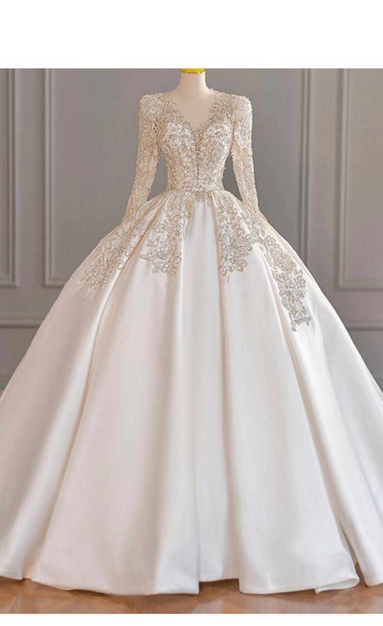 Satin Wedding Dresses Full Sleeve V-neck Sweep Train Lace Up Ball Gown