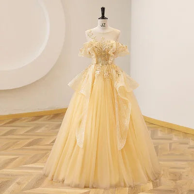 Strapless Quinceanera Dress Sleeveless Off The Shoulder Lace Floral Print Princess Ball Gown