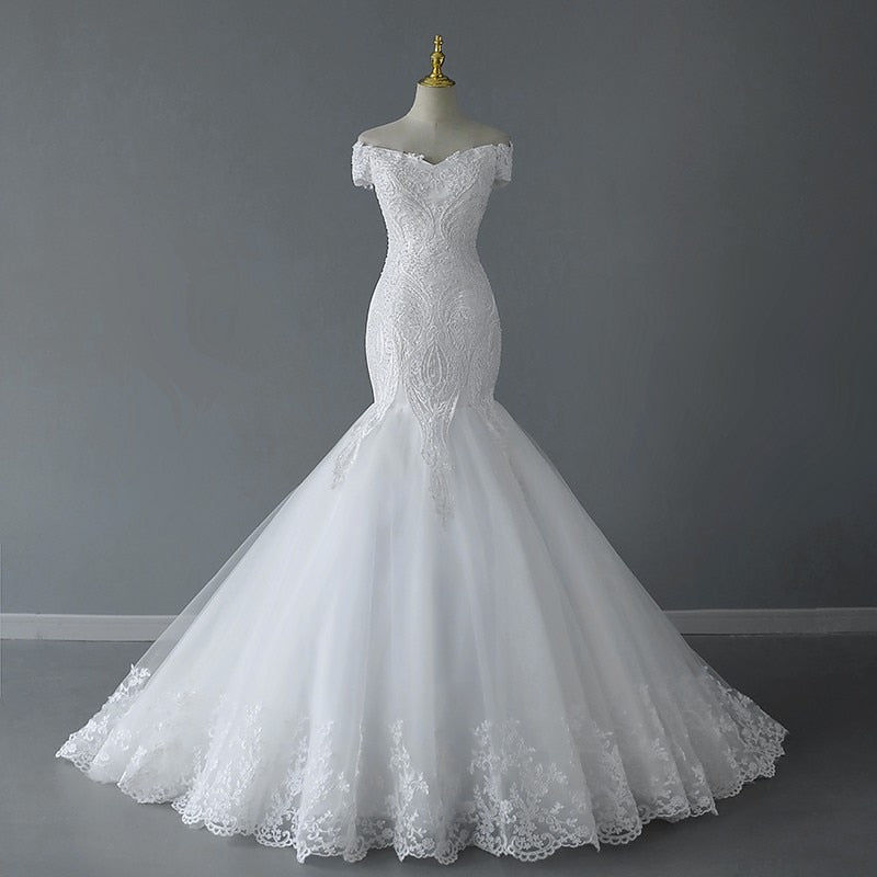 Handmade Beading Mermaid Wedding Dress Off The Shoulder Lace Embroidery