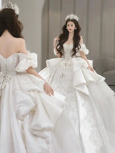Load image into Gallery viewer, Boat Neck Satin Sweep Train Princess Wedding Gown Lace Embroidery
