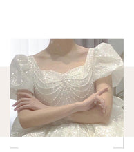 Load image into Gallery viewer, Sweetheart Beading Pearls Puff Sleeve Big Butterfly Back Lace Up Wedding Gowns
