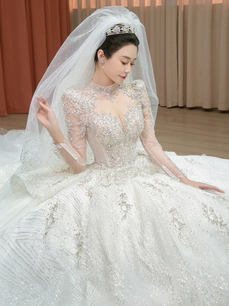 Luxury New O-neck Wedding Dress Long Sleeve Lace Applique Bridal Ball Gown Sweep Train Vestido De Noiva Plus Size Made Custom