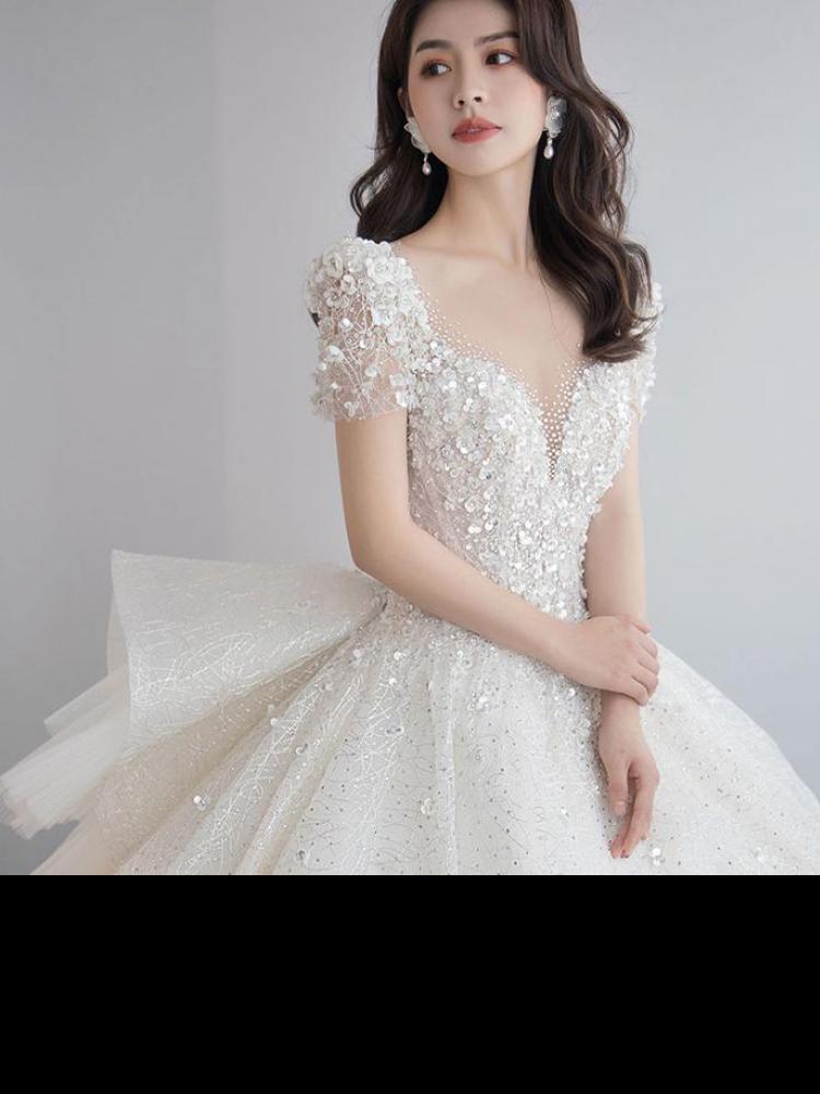 Handmade Luxury Shining Sequins Princess Ball Gown With Sweep Train Vintage