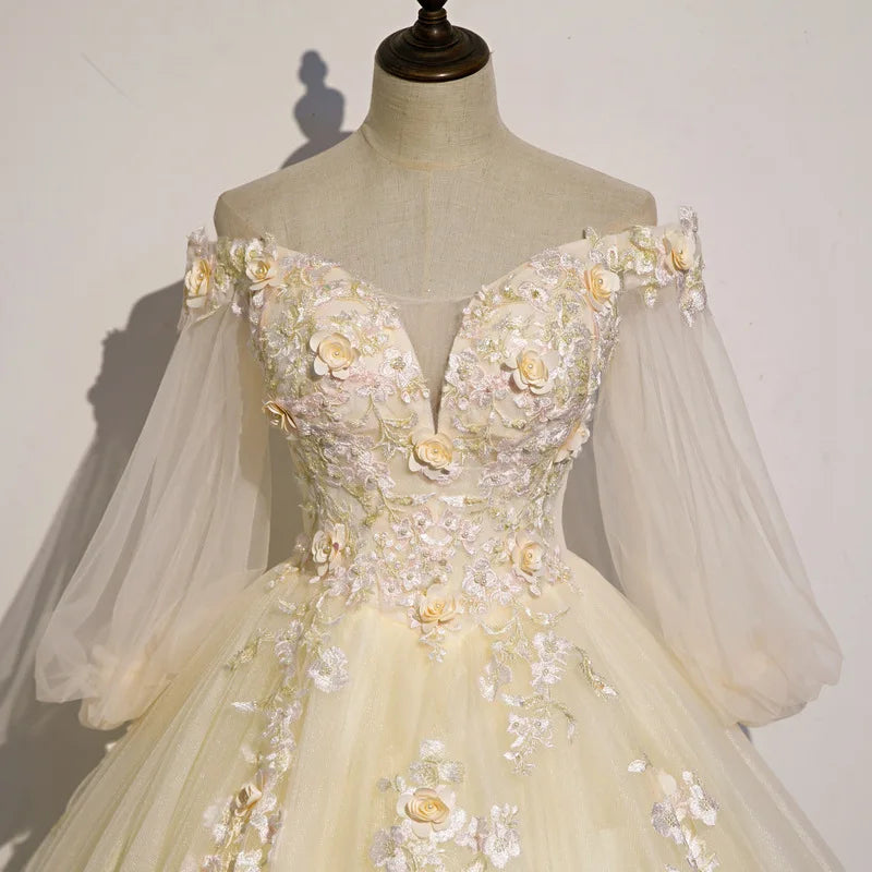 Champagne Ball Gown Women Quinceanera Dresses Appliques Flowers Quinceanera Dresses