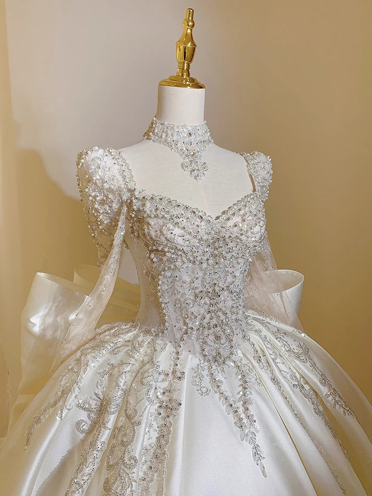 Square Collar Satin Plus Size Custom Lace Up Luxury Bridal Ball Gown Floor Or Train