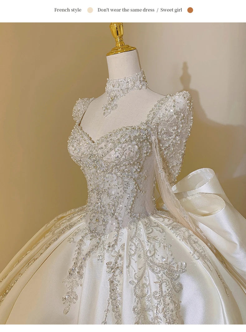 Square Collar Satin Plus Size Custom Lace Up Luxury Bridal Ball Gown Floor Or Train