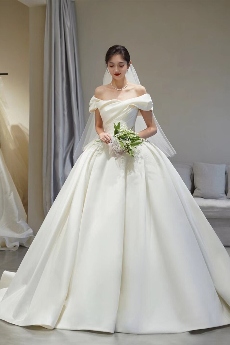 Spring Off The Shoulder Wedding Dress Simple Satin Sweep Train Bridal Gown
