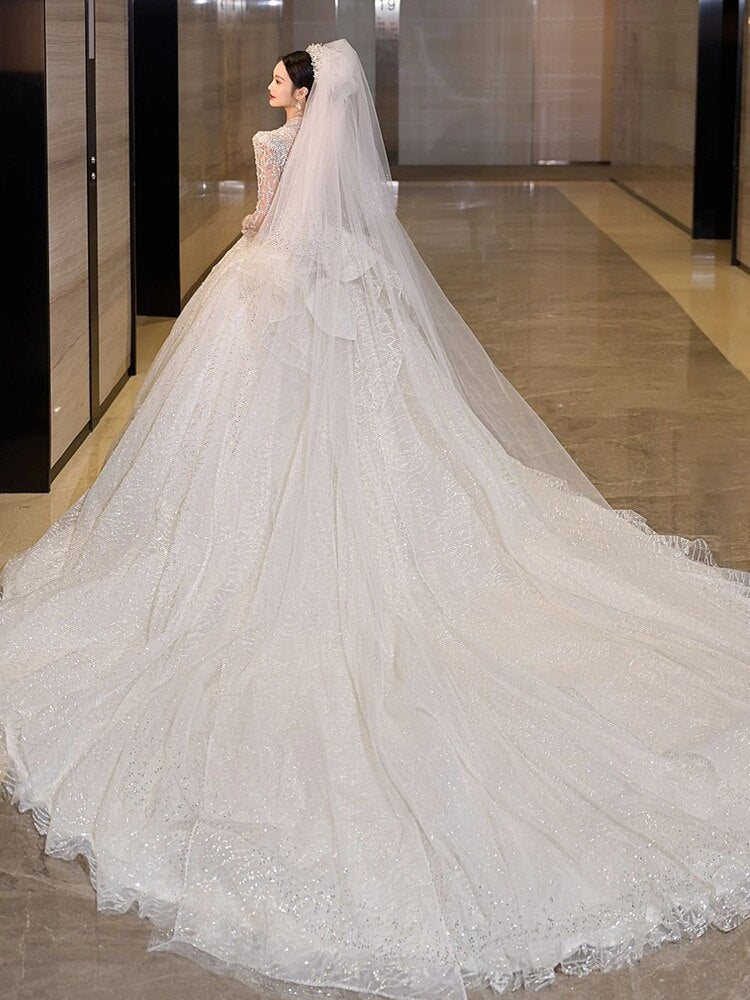 Luxury Glittery Long Sleeve Lace Up Bridal Dress