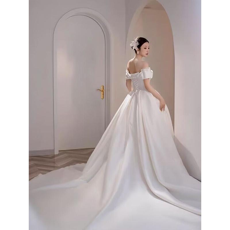 Simple Off The Shoulder Satin Wedding Dress Boat Neck