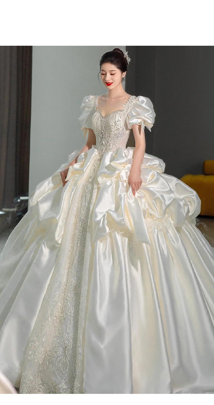 Satin Wedding Dress Lace Beading Shinny Lantern Sleeve Bridal Dress