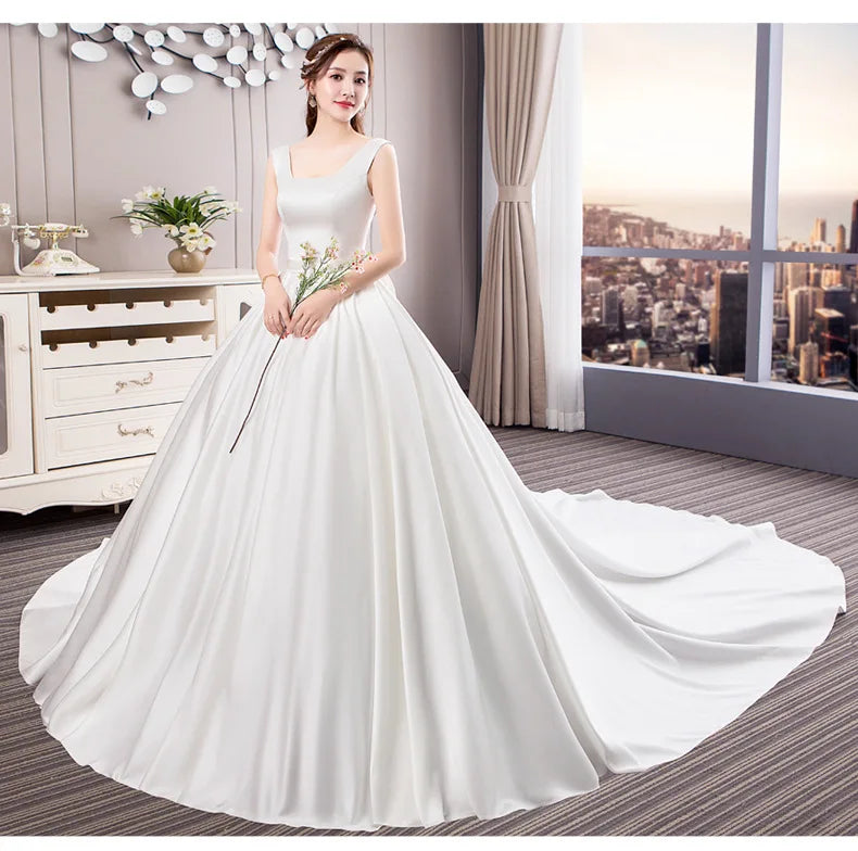 Vintage Square Collar Ball Gown Wedding Dresses Satin Simple Bride Dress With Bow Sleeveless