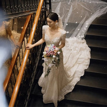 Load image into Gallery viewer, Short Sleeve Luxury Beading Lace Bridal Dress Court Train Shinny
