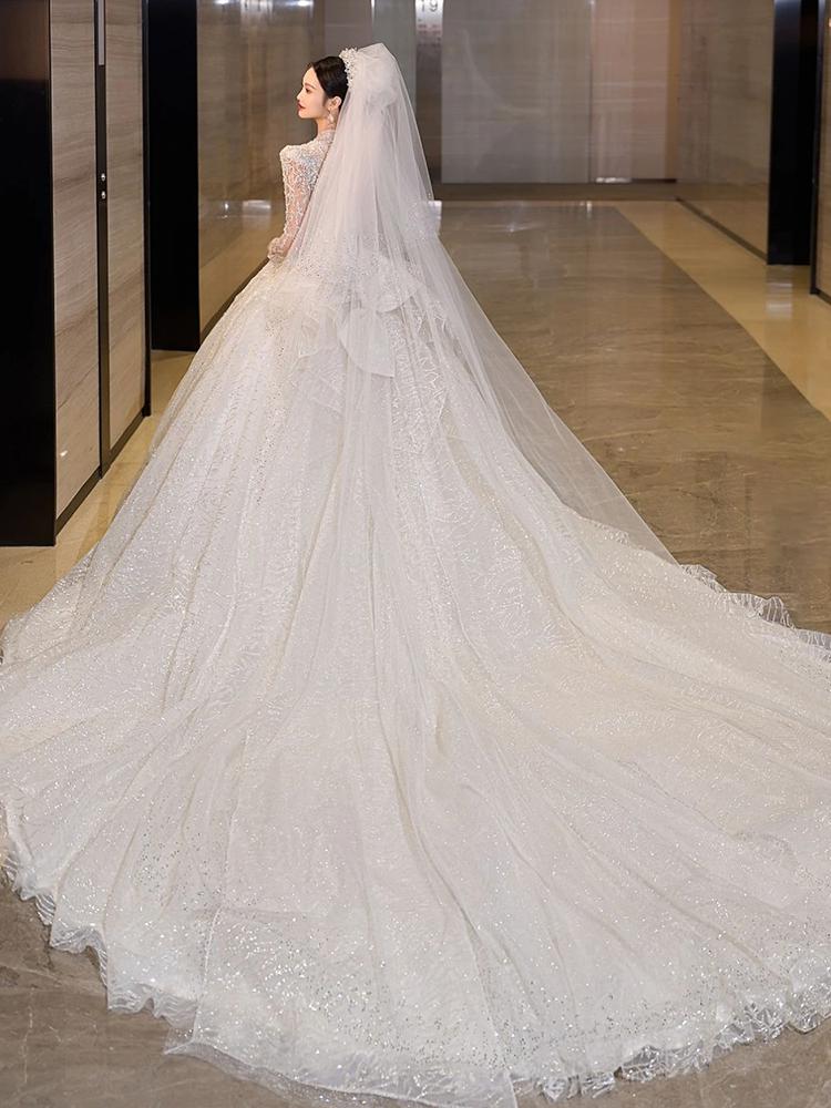 Luxury Glittery Long Sleeve Lace Up Bridal Dress