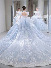 Load image into Gallery viewer, Snow Blue Princess Luxury Wedding Dress 2023 New O-neck Sexy Lace Up Applique Bridal Ball Gown Sweep
