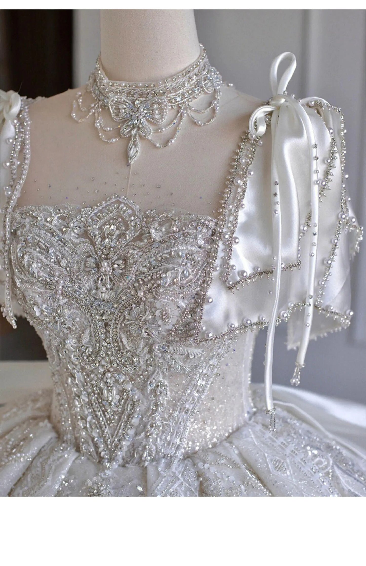 Boat Neck With Pearl Lace Up Bridal Short Sleeve Glittery Flower Satin Wedding Dress
