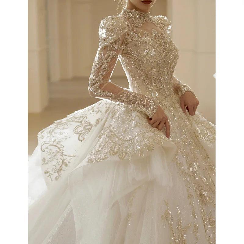 Bridal veil Long Sleeve shining sequin trailing French Luxury gown