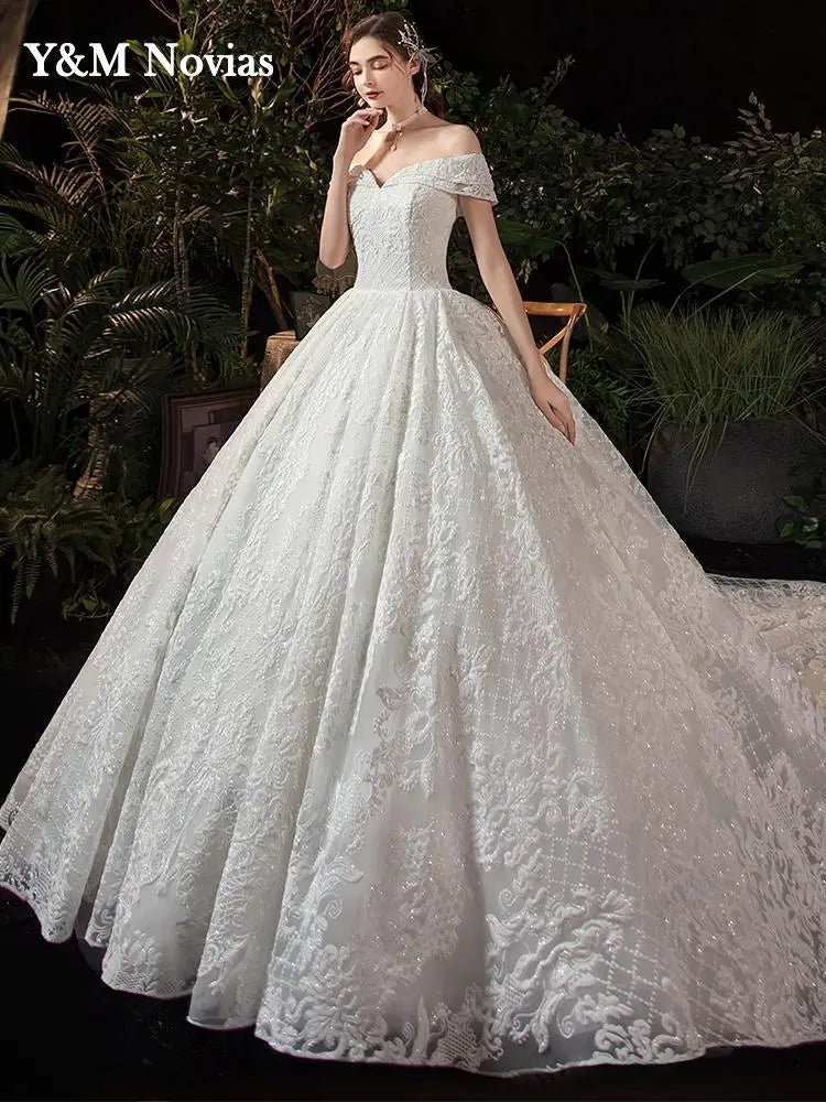 Glitter White Long Lace Sequin Royal Train Bride Gowns