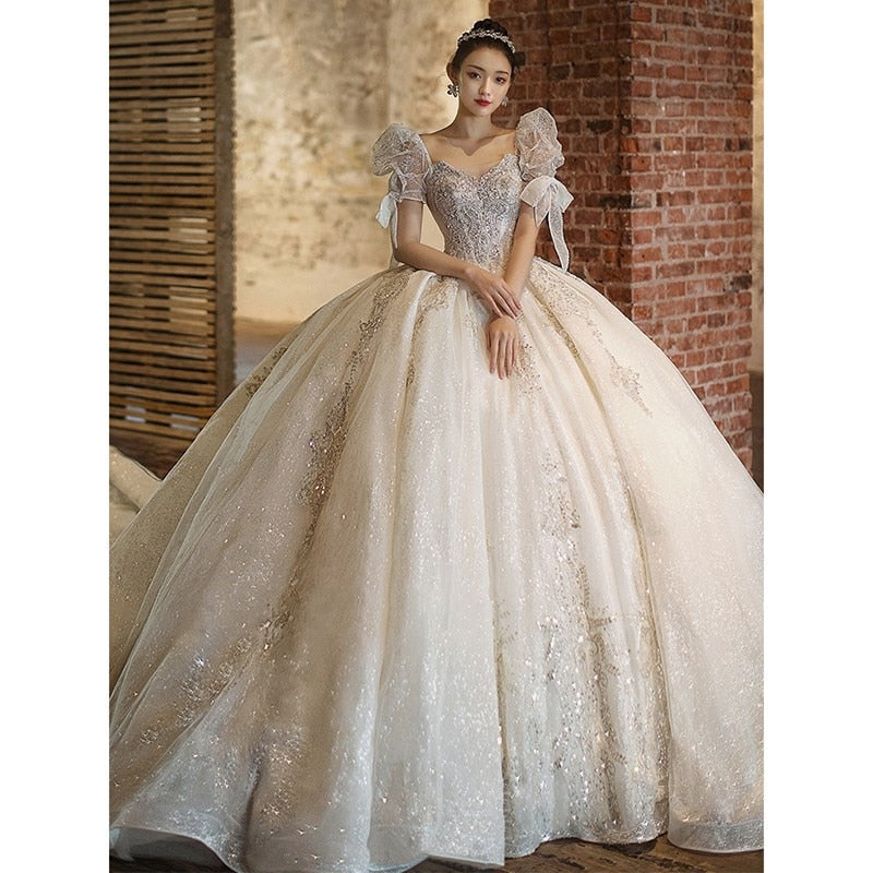 Short Sleeve Embroidered Tulle Ball Gown Wedding Gowns Shinny Princess