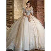 Load image into Gallery viewer, Short Sleeve Embroidered Tulle Ball Gown Wedding Gowns Shinny Princess
