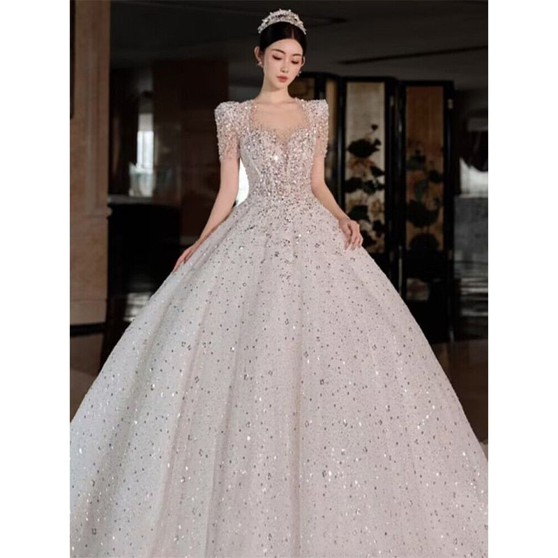 Bridal Dress Sequin Embellishment O Neck Floor-length Back Strap Sweep Train