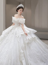 Load image into Gallery viewer, Off The Shoulder Wedding Dress Lace Applique Boat Neck Bridal Dress Ball Gown With A Big Tail
