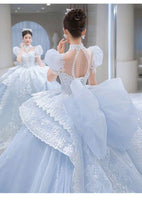 Load image into Gallery viewer, Snow Blue Princess Luxury Wedding Dress 2023 New O-neck Sexy Lace Up Applique Bridal Ball Gown Sweep
