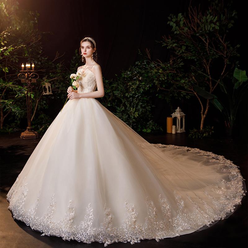 Elegant Strapless Wedding Dress Tulle Applique Lace Up Bridal Dress