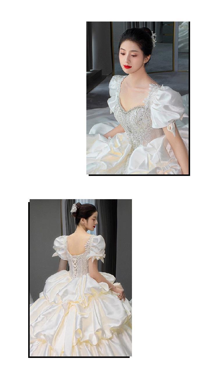 Satin Wedding Dress Lace Beading Shinny Lantern Sleeve Bridal Dress