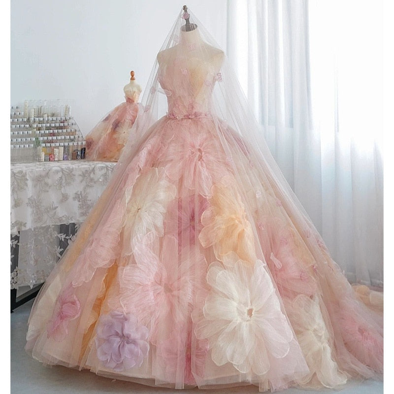 Stamped Wedding Dress Strapless Colorful Flower Bridal Dress