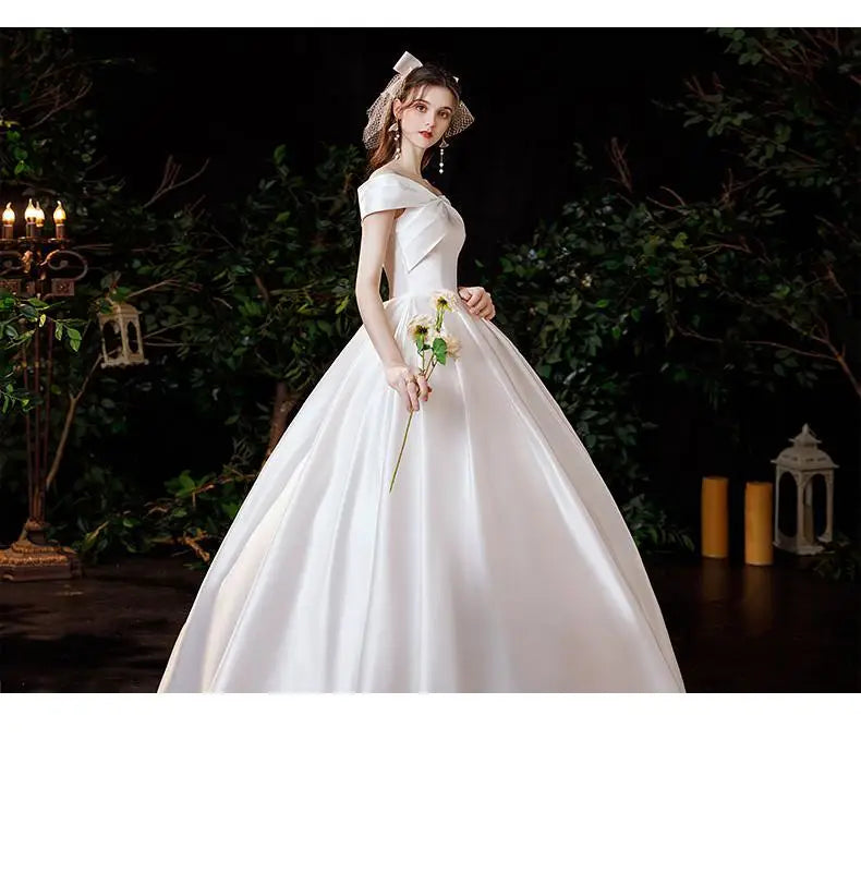 New Satin Wedding Dress Simple Boat Neck Short Sleeve Ball Gown
