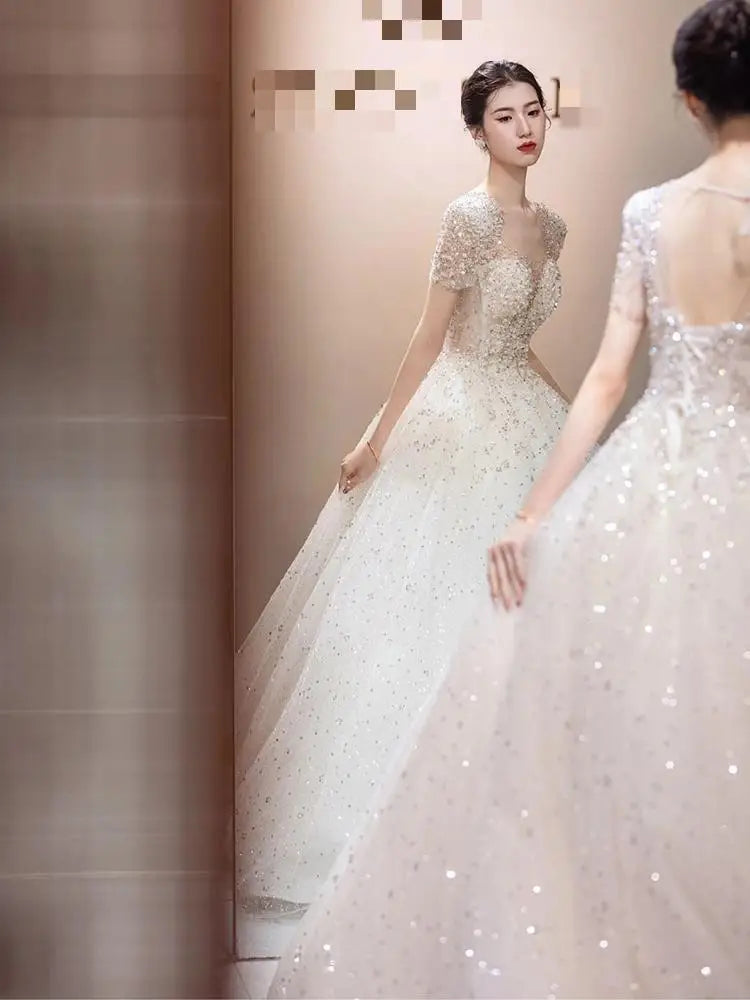 Ball Gown Royal Sweetheart Short Sleeve Lace Beaded Glitter