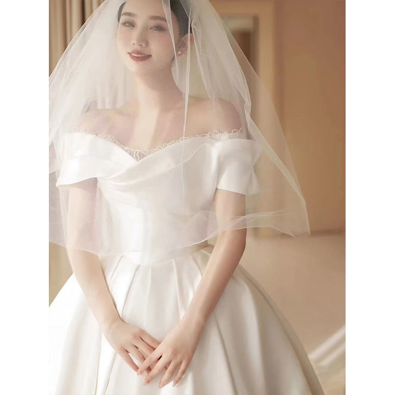 Simple Off The Shoulder Satin Wedding Dress Boat Neck