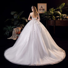 Load image into Gallery viewer, Lace V-neck Sweep Train Wedding Gowns Sleeveless Embroidery Bridal Dress
