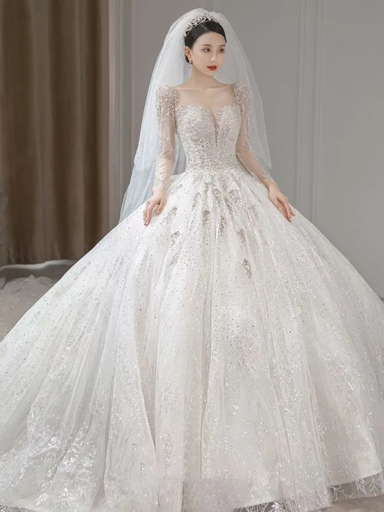 Boat Neck Full Sleeve Lace Applique Bridal Dress Sweep Train