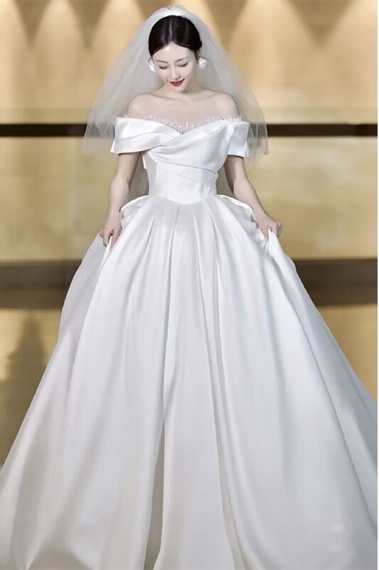 Simple Off The Shoulder Satin Wedding Dress Boat Neck