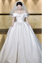 Load image into Gallery viewer, Simple Off The Shoulder Satin Wedding Dress Boat Neck

