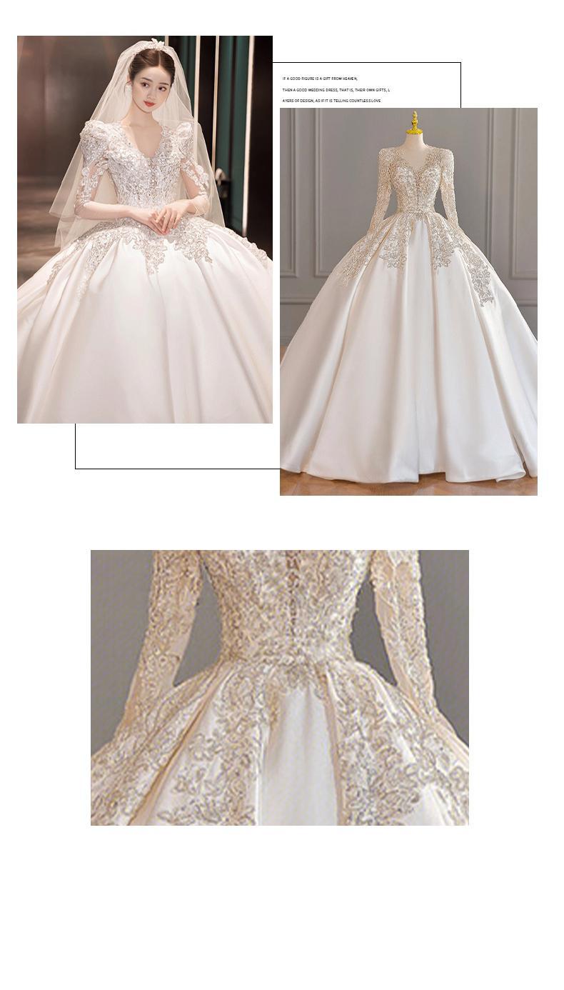 Satin Wedding Dresses Full Sleeve V-neck Sweep Train Lace Up Ball Gown