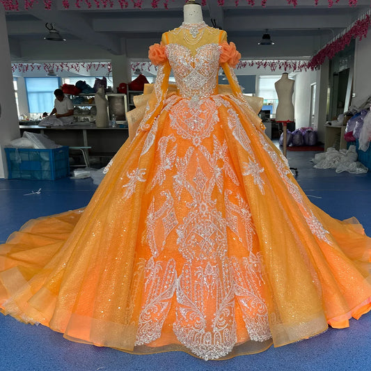 Beading Princess Orange Ball Gown High Neck Full Sleeve Church Wedding Lace Up