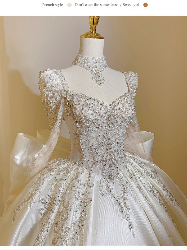Square Collar Satin Plus Size Custom Lace Up Luxury Bridal Ball Gown Floor Or Train