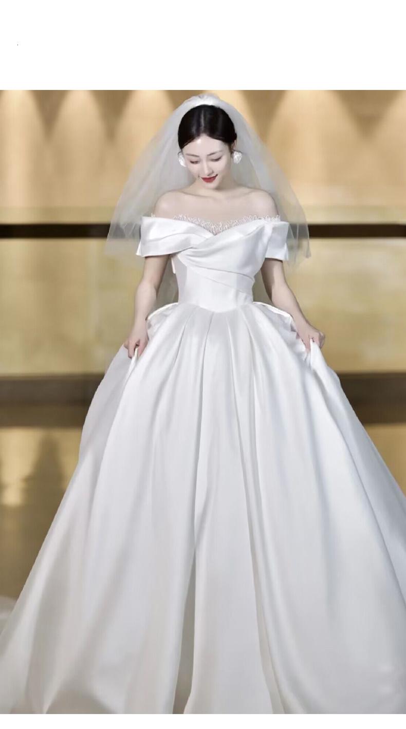 Simple Off The Shoulder Satin Wedding Dress Boat Neck