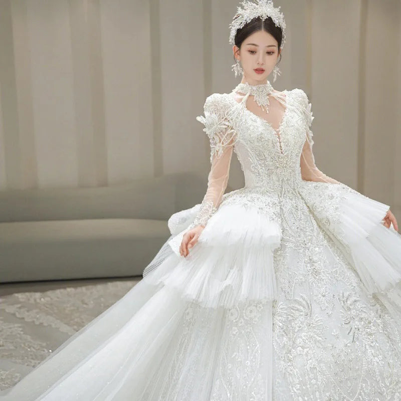 High End White Appliques Beads Bridal Ball Gown
