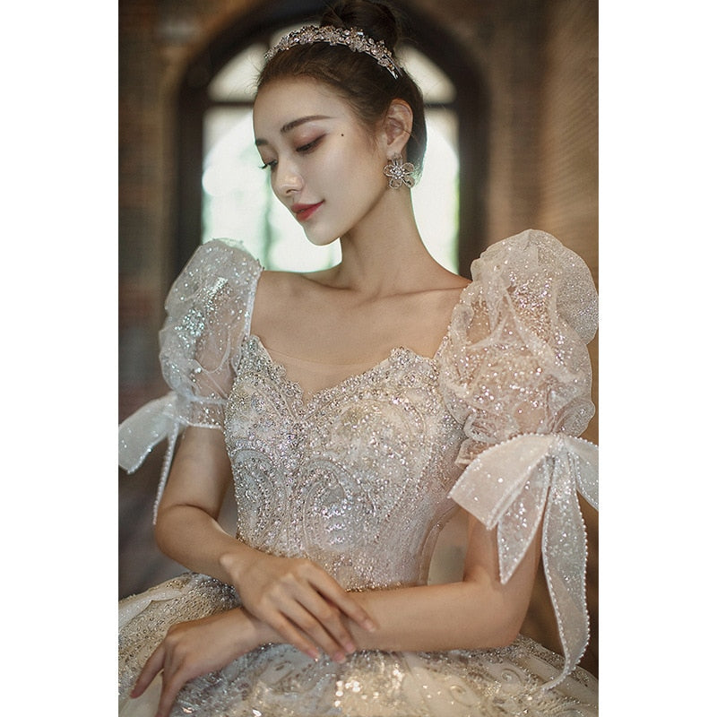 Luxury Beading Lace Wedding Dress 2023 V Neck Puff Sleeve Princess Wedding Gown With Big Sweep Train Plus Size Wedding Dress