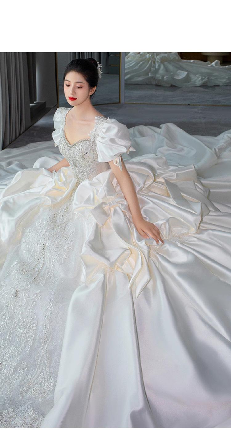 Satin Wedding Dress Lace Beading Shinny Lantern Sleeve Bridal Dress