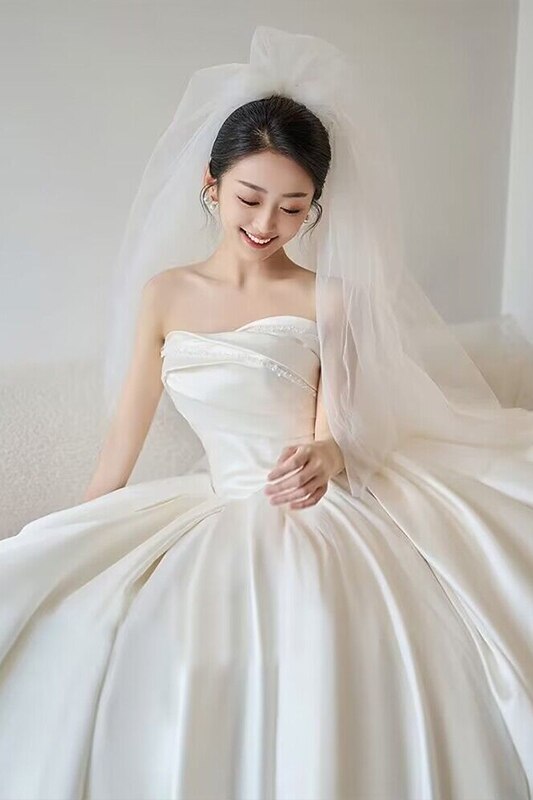 Simple Strapless Satin Wedding Dress Lace Up Train Princess