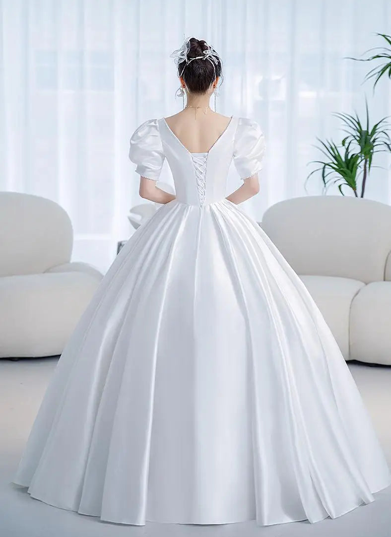 Satin Wedding Dress Sweetheart Short Sleeves Elegant Bride Ball Gown Custom Plus Size