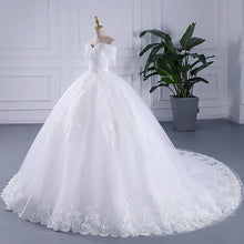 Load image into Gallery viewer, Luxury Tassel Long Train Wedding Gowns Sleeveless Lace Off The Shoulder Sweep Brush Train Lace Up Ball Gown Wedding Dresses
