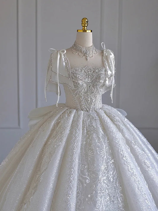 Boat Neck With Pearl Lace Up Bridal Short Sleeve Glittery Flower Satin Wedding Dress