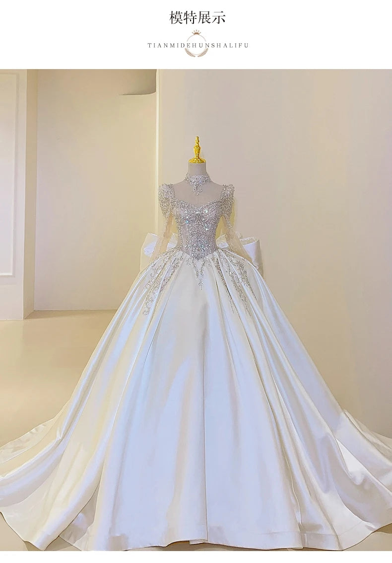 Square Collar Satin Plus Size Custom Lace Up Luxury Bridal Ball Gown Floor Or Train
